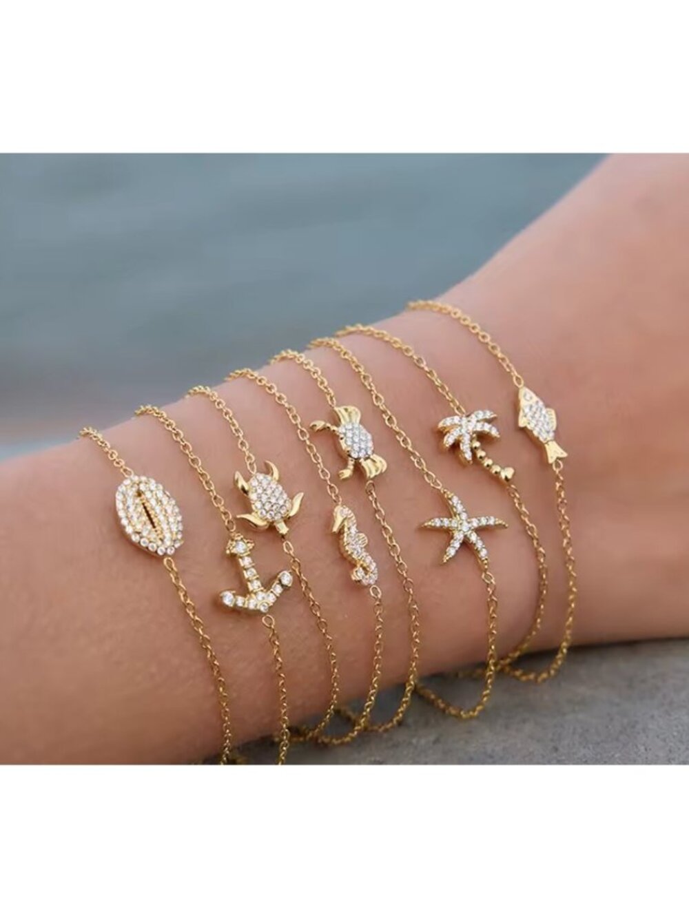 Ocean Charm Bracelet Anchor Fish Palm Tree Gold Waterproof Gold Bracelet Wave